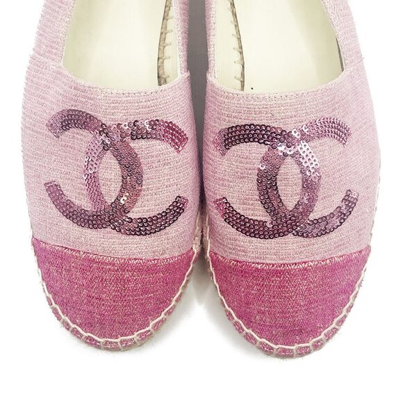 Authentic CHANEL CC Logo Canvas Pink Sequin Espadrilles Flats Shoes 38 - Picture 2 of 5